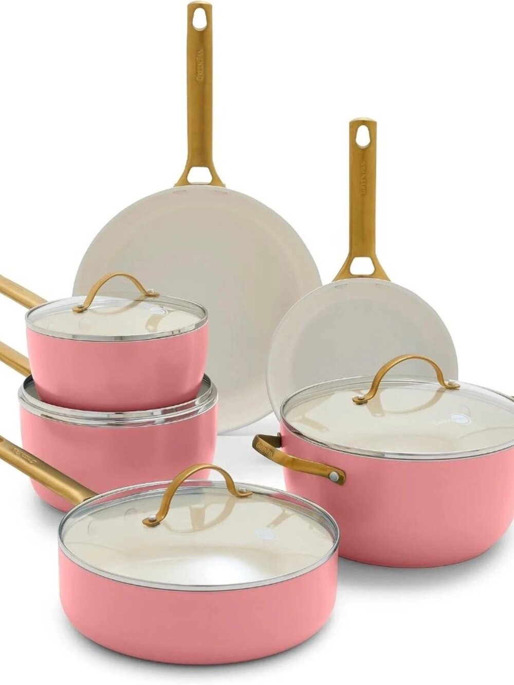 GreenPan Padova 10-Pc Ceramic Nonstick Pots Pans Cookware Set Coral Gold Handles
